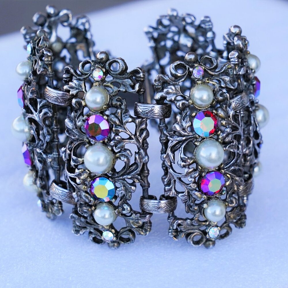 Selro AB Red Rhinestone Pearl Ornate Wide Bracelet Victorian Gothic